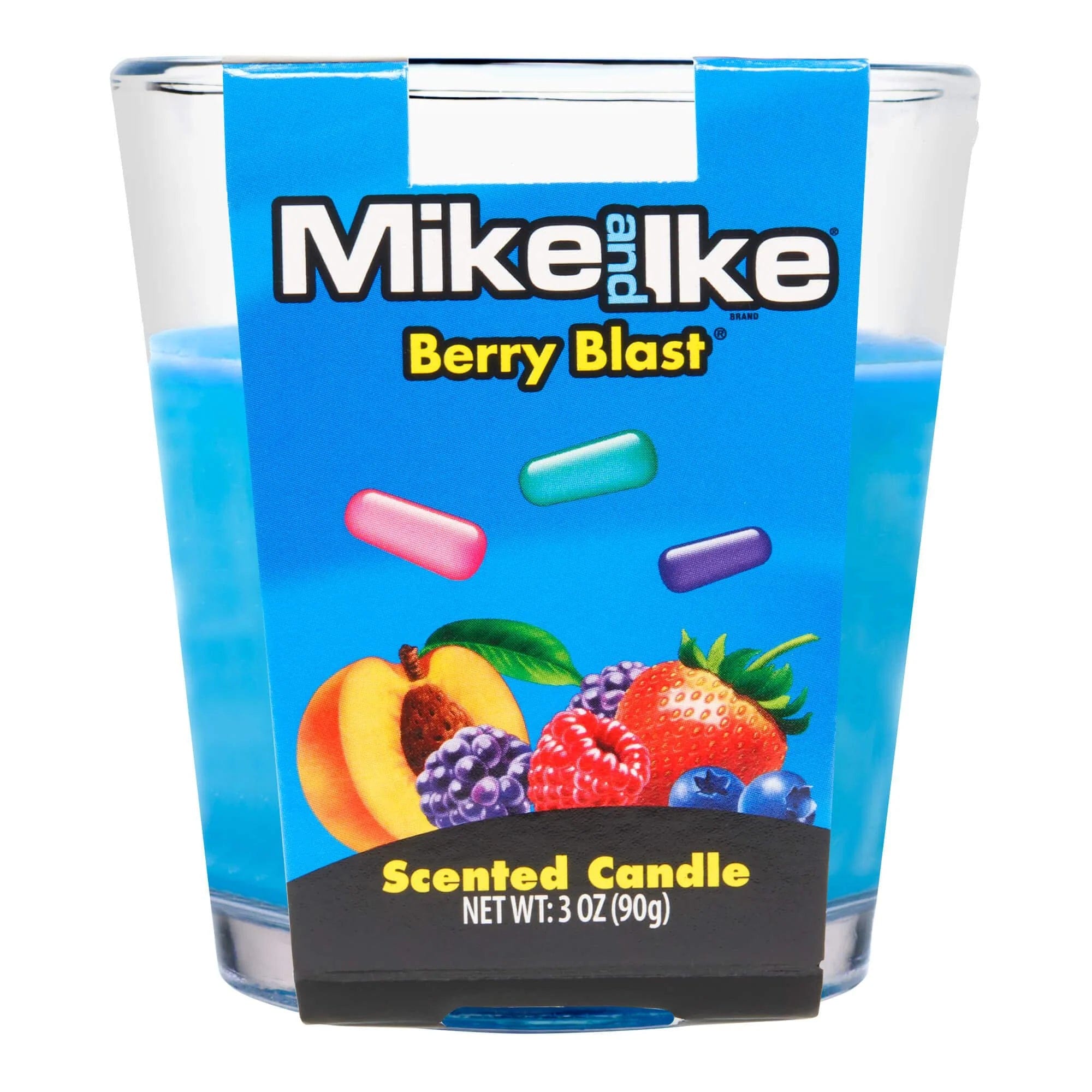 Front view of the 3oz Candy Scented Candles, with colorful candy pieces around the product's logo on a white background.