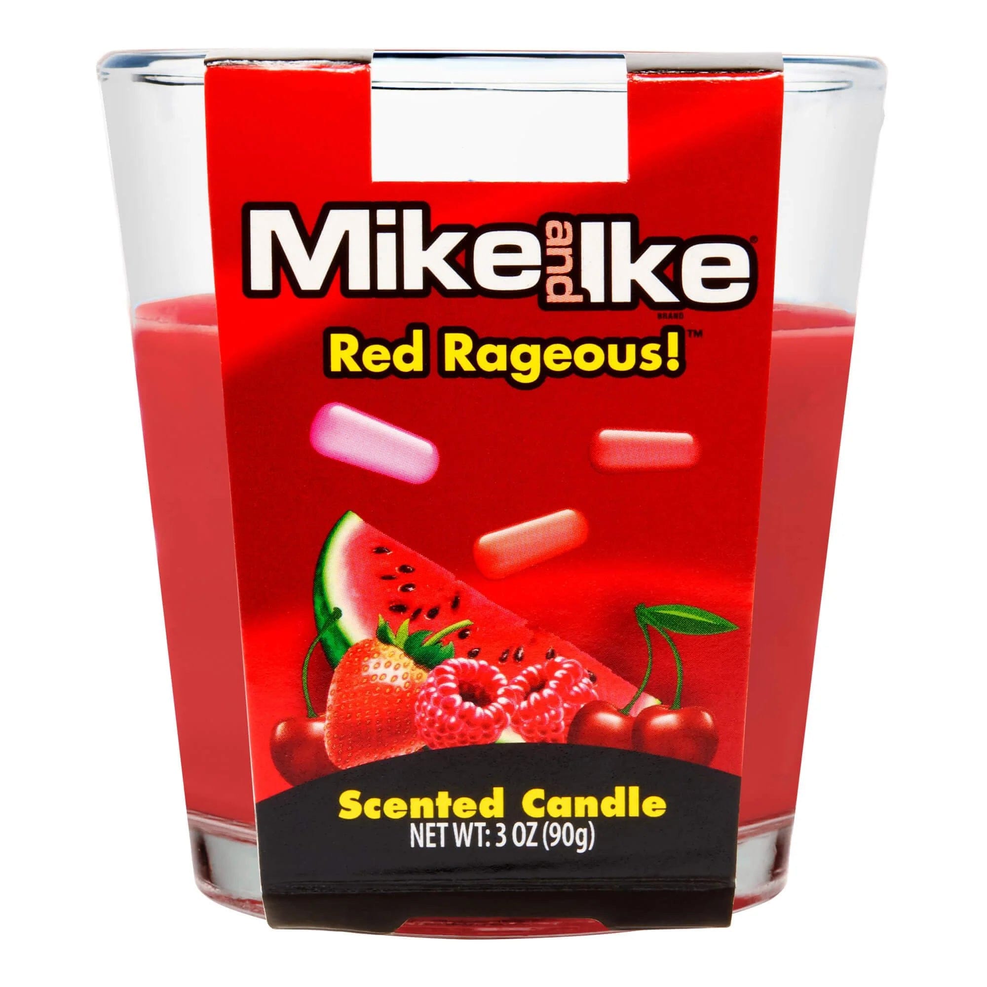 Front view of the 3oz Candy Scented Candles in a clear container, featuring a red and white label with the brand name prominently displayed.