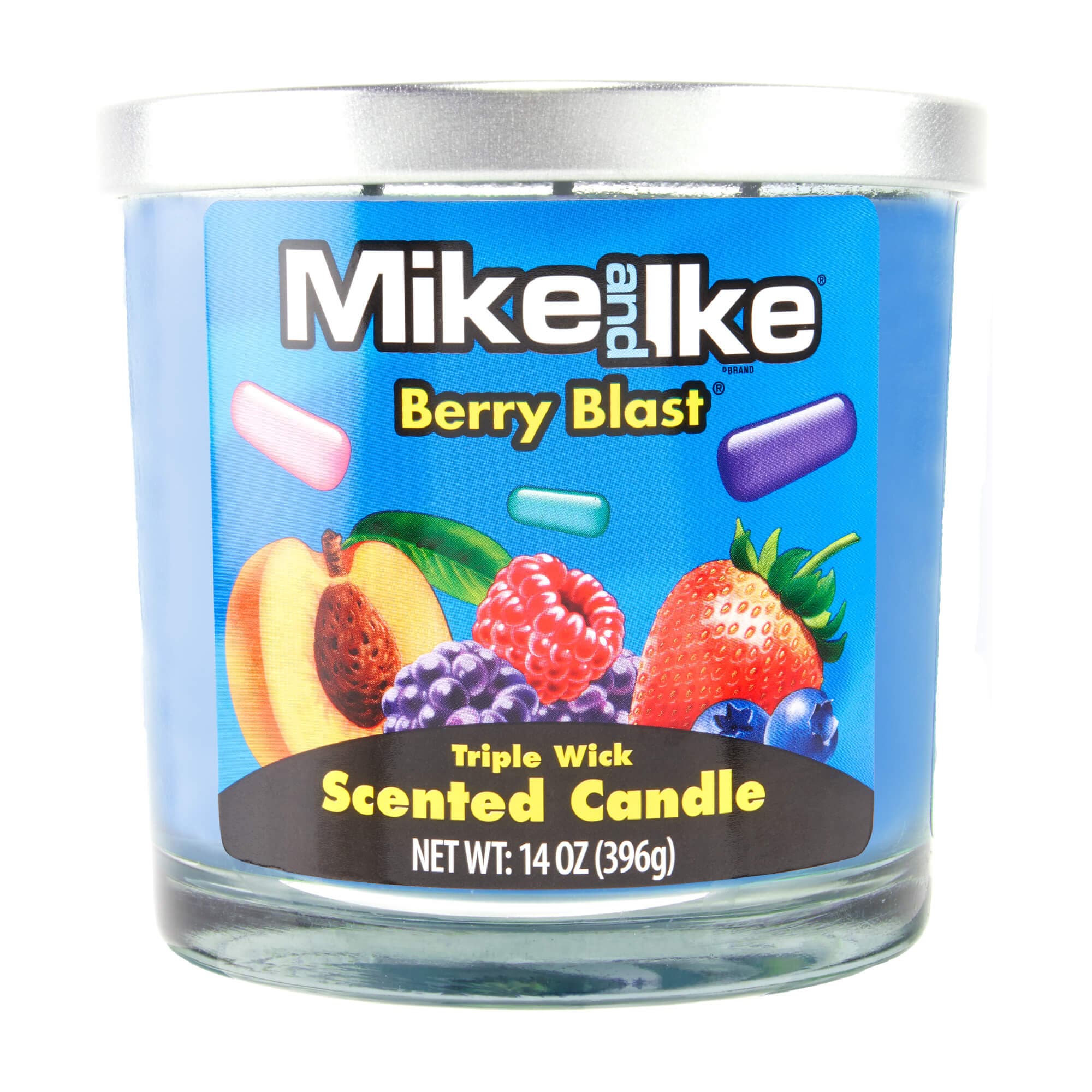 Close-up front view of a blue 14oz Candy Scented Candles jar with silver lid and colorful berry label reading "Mike and Ike" visible.