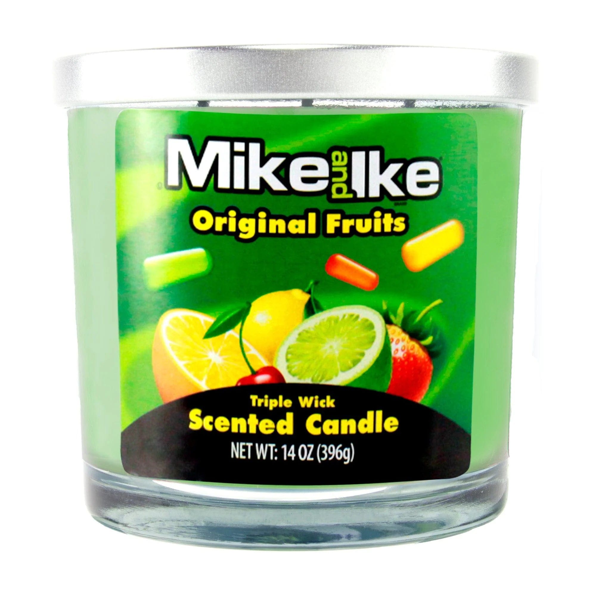 Close-up front view of the 14oz Candy Scented Candles showing a green-labeled glass jar with a silver lid and bright fruit graphics.