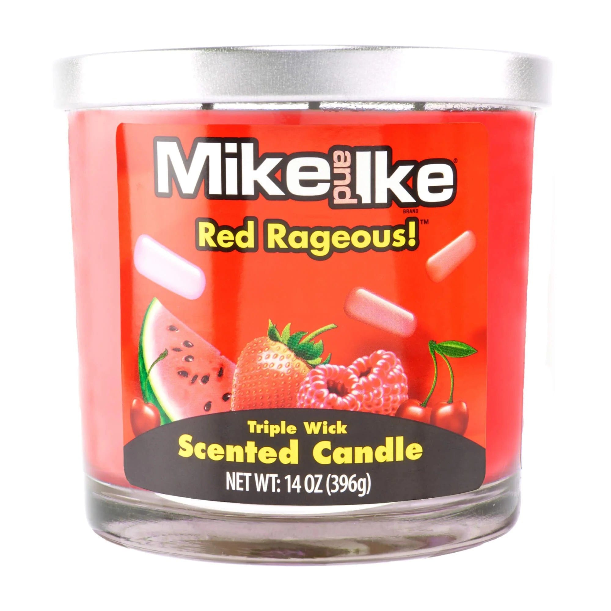 Close-up front view of the 14oz Candy Scented Candles jar with a silver lid and bright red Mike and Ike label showing fruit graphics.