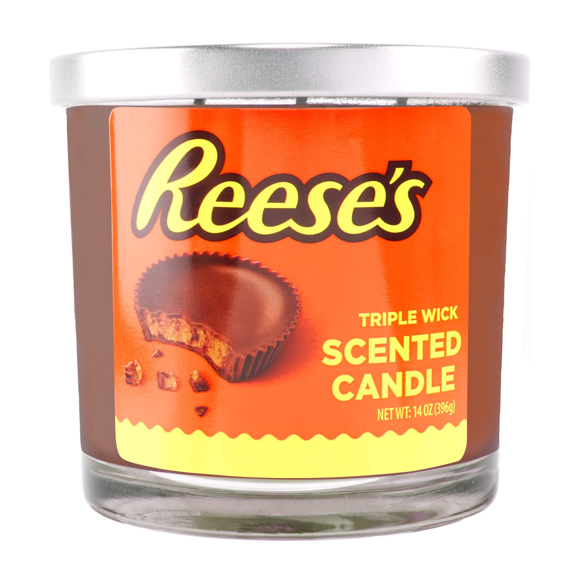 Close-up front view of the 14oz Candy Scented Candles Reese's Peanut Butter Cup label on an orange jar with a silver lid.