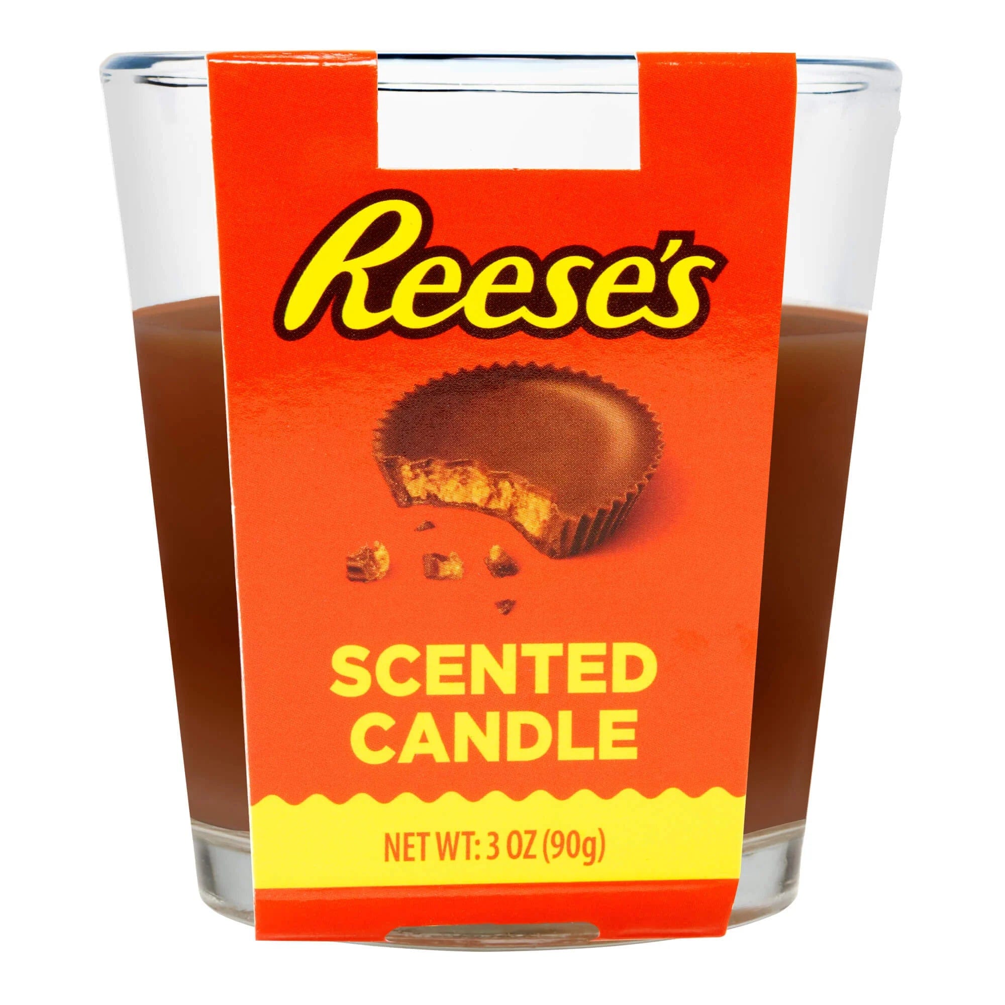 A close-up, front view of the 3oz Candy Scented Candles, showcasing a clear glass container with a creamy, brown-colored substance inside.