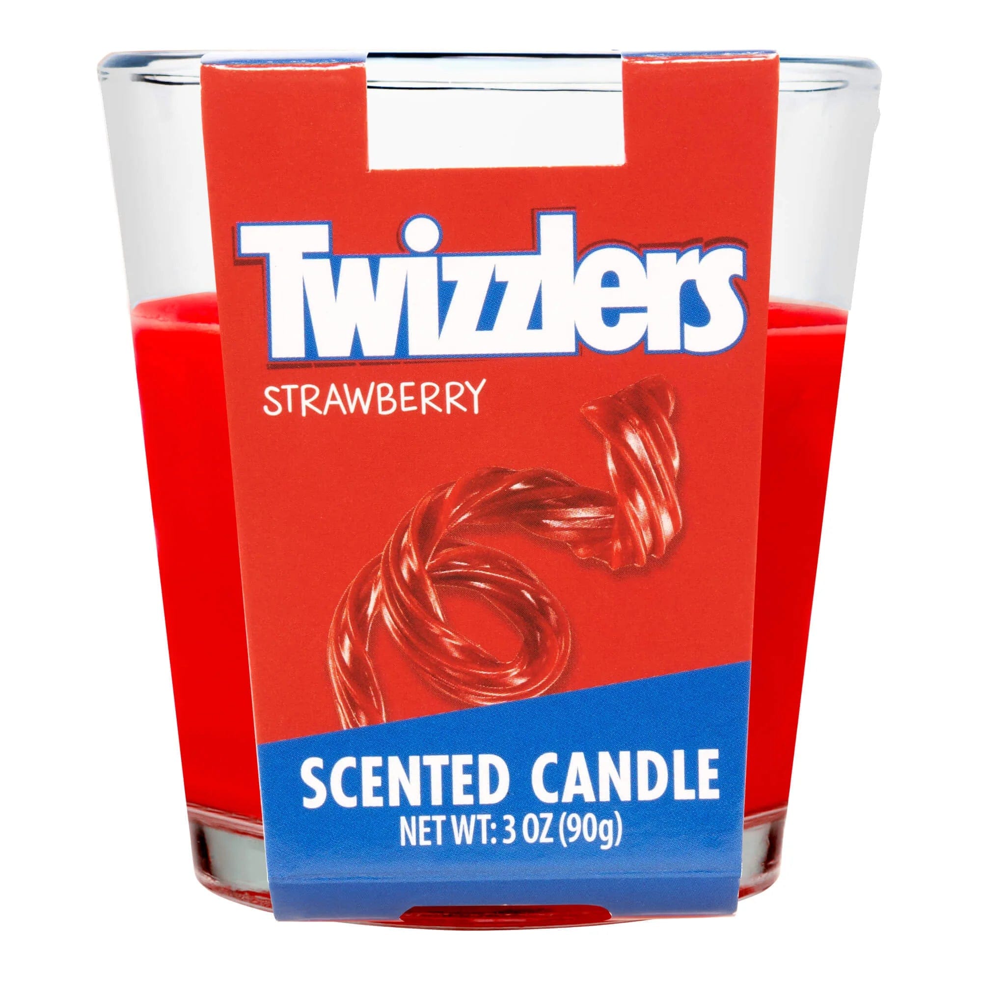 Front view of the 3oz Candy Scented Candles in a red container with white lettering.