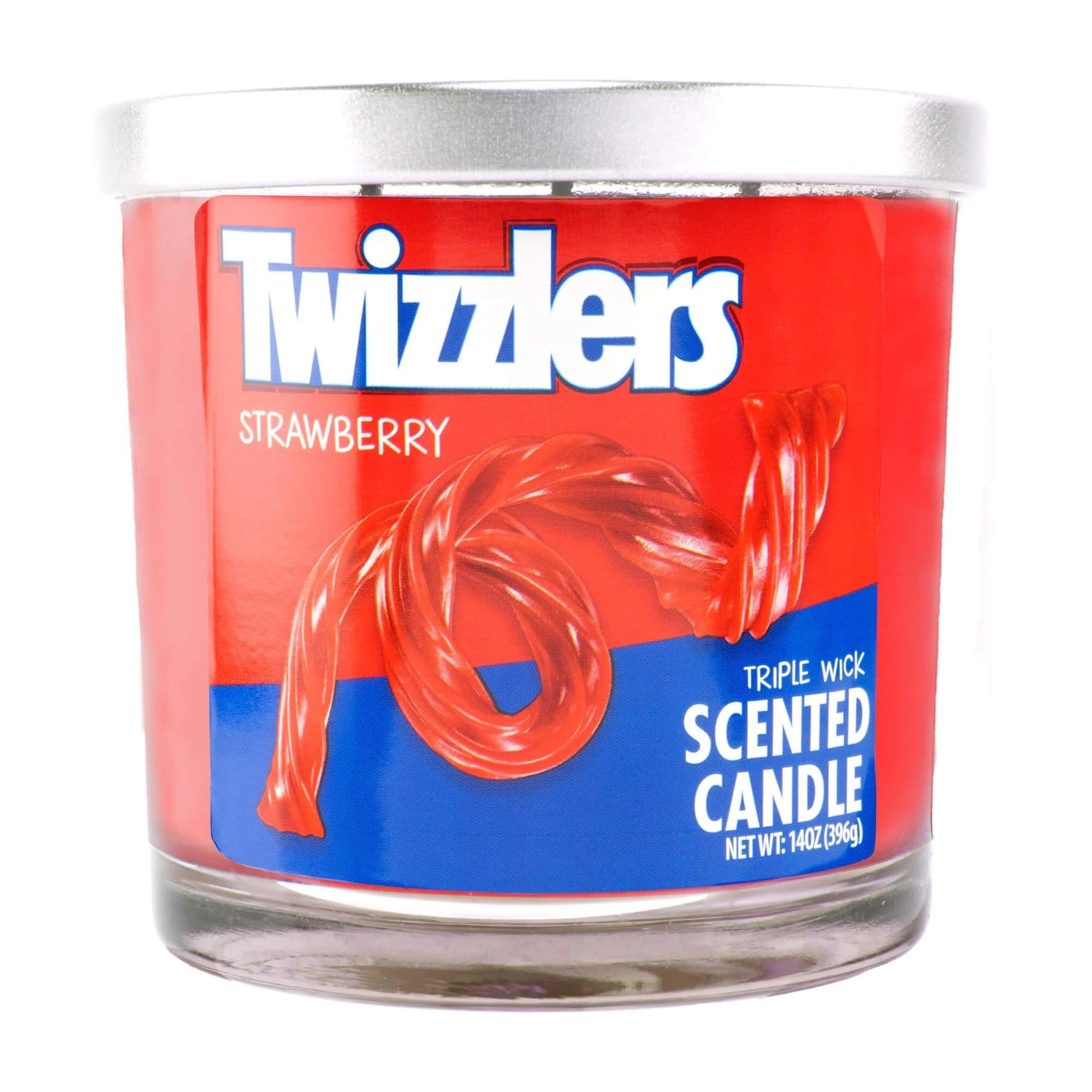 Close-up front view of a red 14oz Candy Scented Candles jar with silver lid showing a Twizzlers logo and twisted candy graphic.