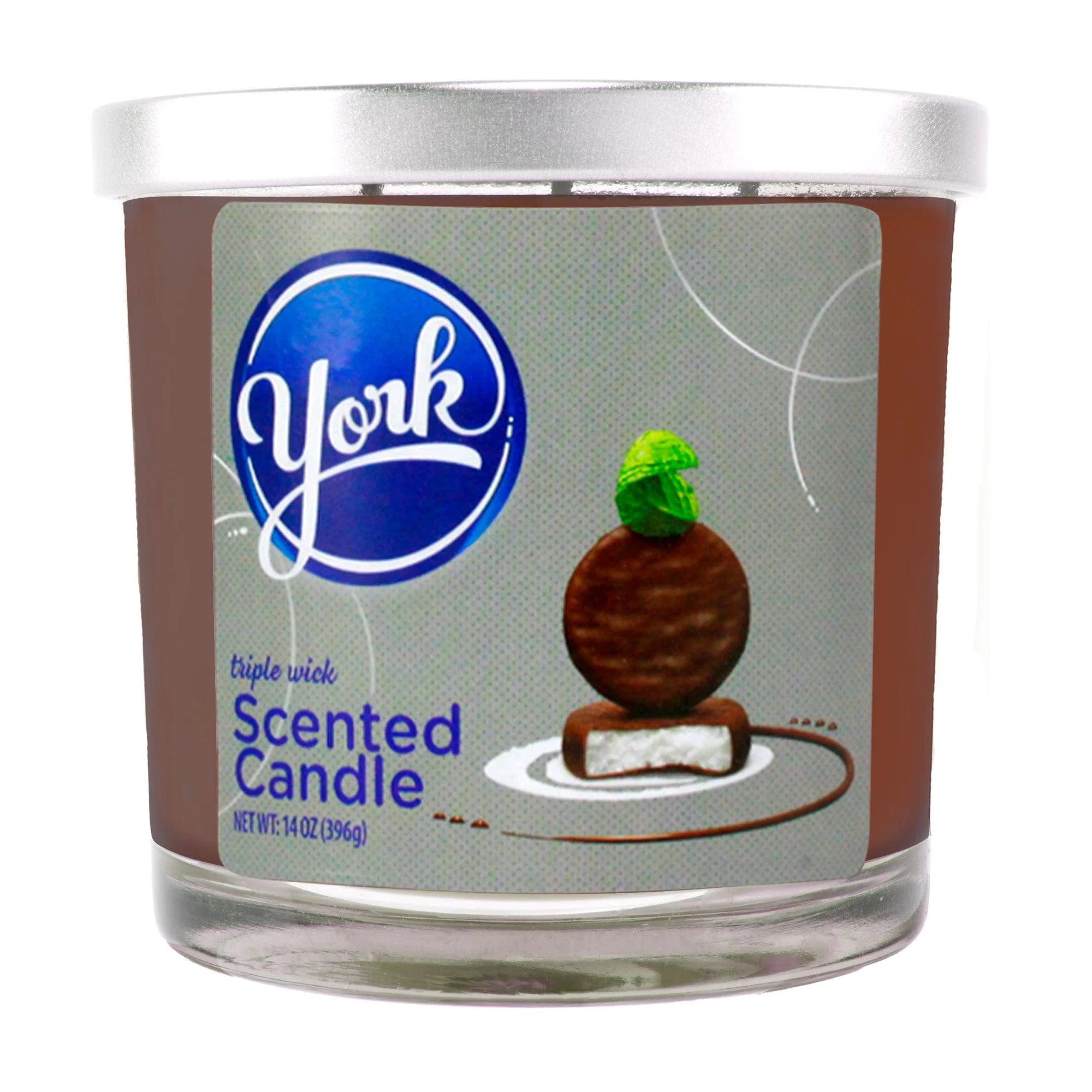 Close-up front view of the 14oz Candy Scented Candles showing a silver lid, partial blue logo, and a stacked chocolate graphic on the label.