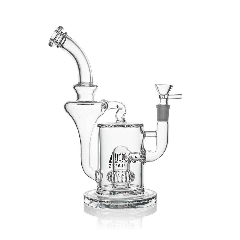 Studio-lit front view of the Croia Glass 10" Hourglass Recycler Scientific Bong with Crown Perc shown in clear glass on white.