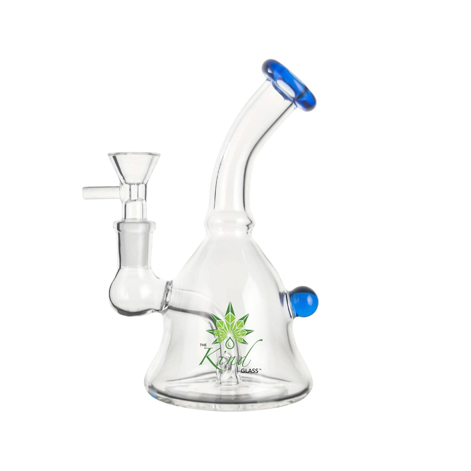 Three-quarter front view of The Kind Glass 6″ Mini Bong in clear glass with a blue-rimmed mouthpiece and blue side accent against a white background