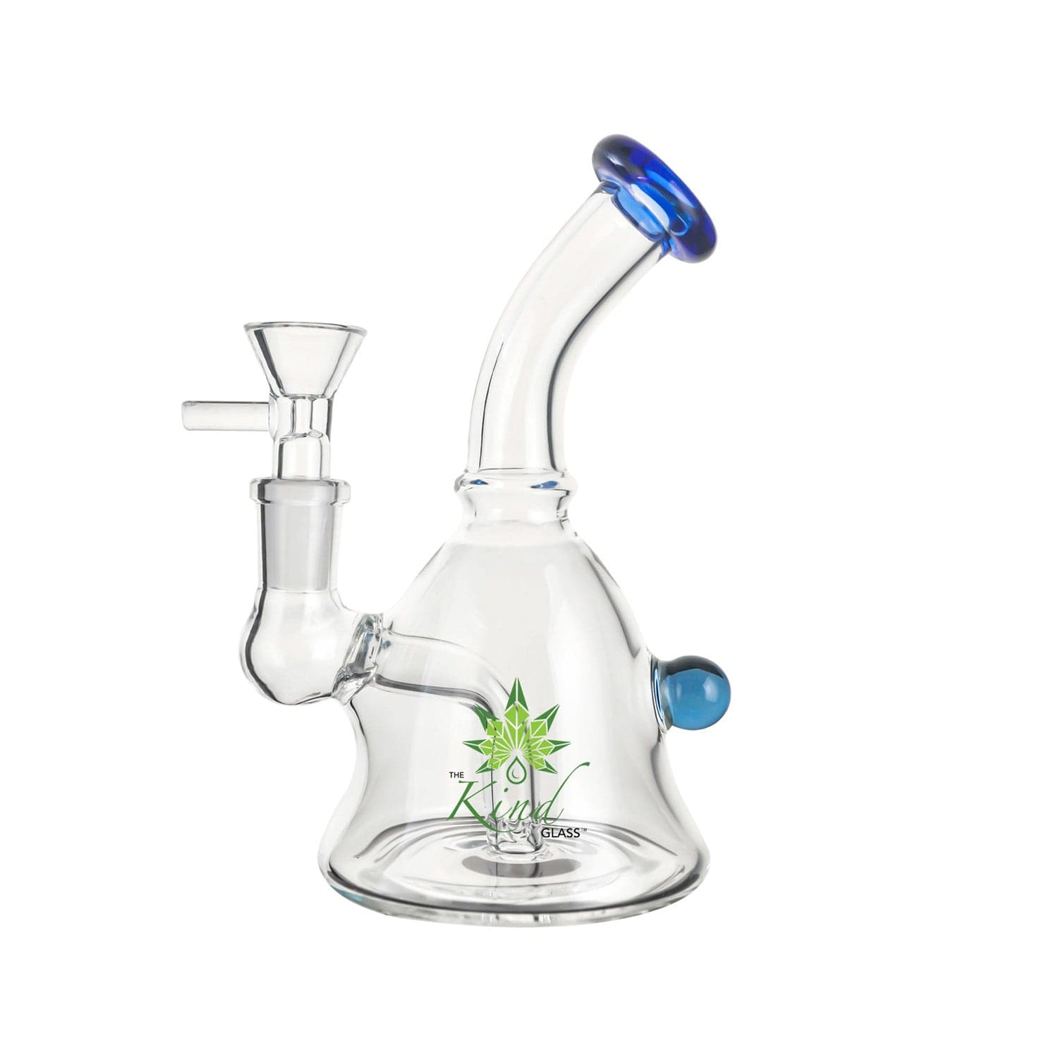 Three-quarter view of The Kind Glass 6″ Mini Bong showing its clear glass body, angled neck with a blue-rimmed mouthpiece, and green logo on a white background