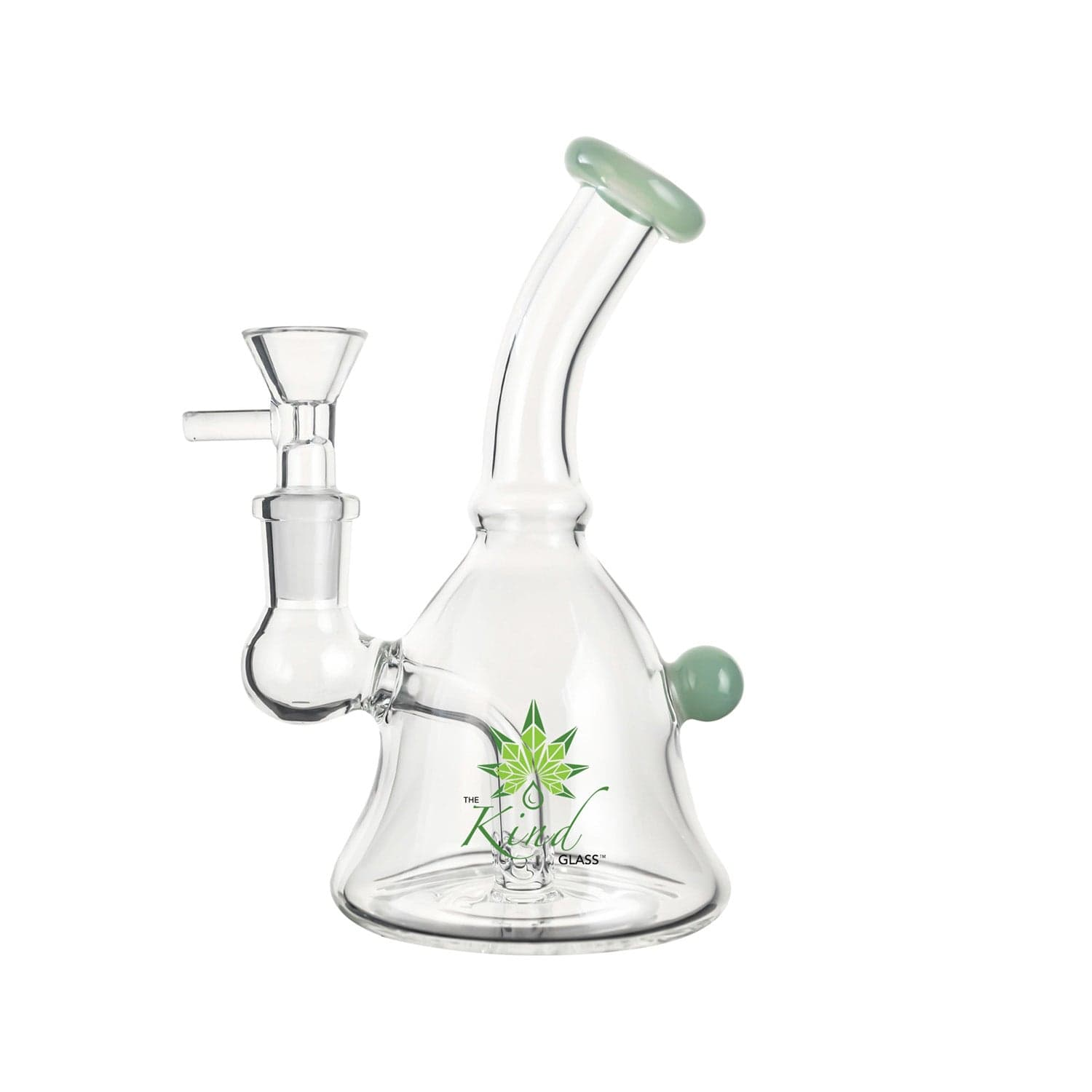Front view of The Kind Glass 6″ Mini Bong in clear glass with a tilted neck and pale green mouthpiece against a white background