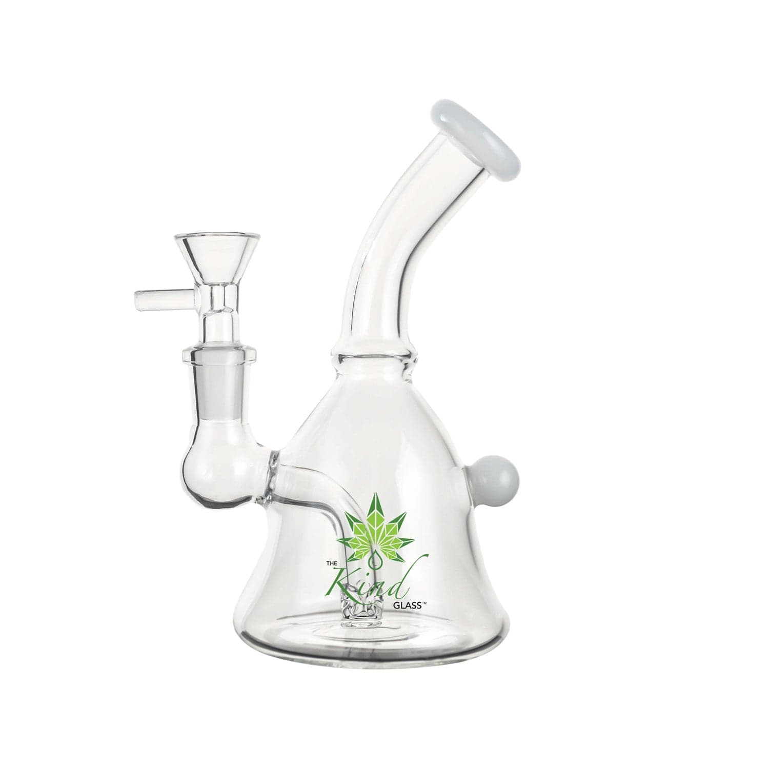 Three-quarter front view of The Kind Glass 6″ Mini Bong in clear glass, showing its curved mouthpiece, joint and green logo on a white background