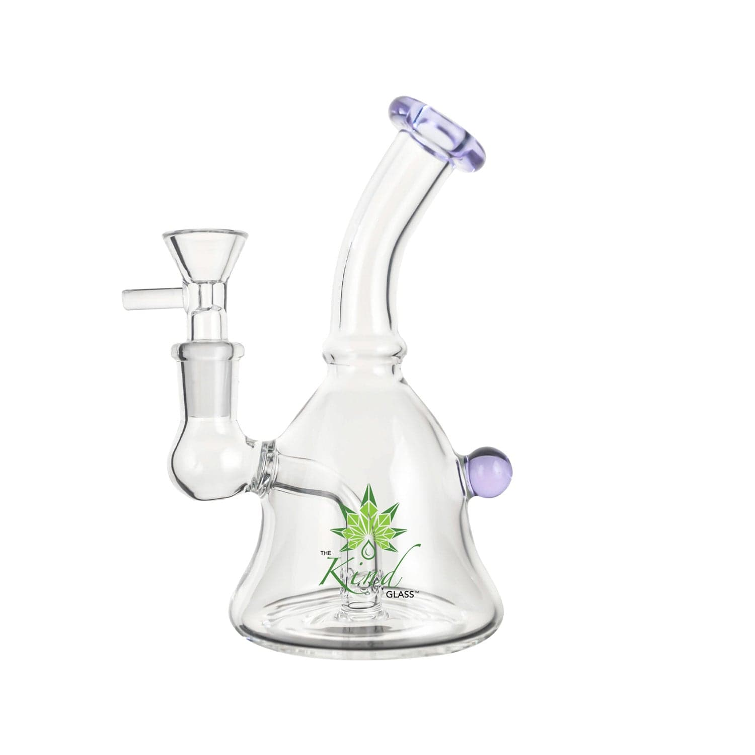 Angled close-up of The Kind Glass 6″ Mini Bong showing its clear glass body, purple-rimmed mouthpiece, and side purple knob against a white background