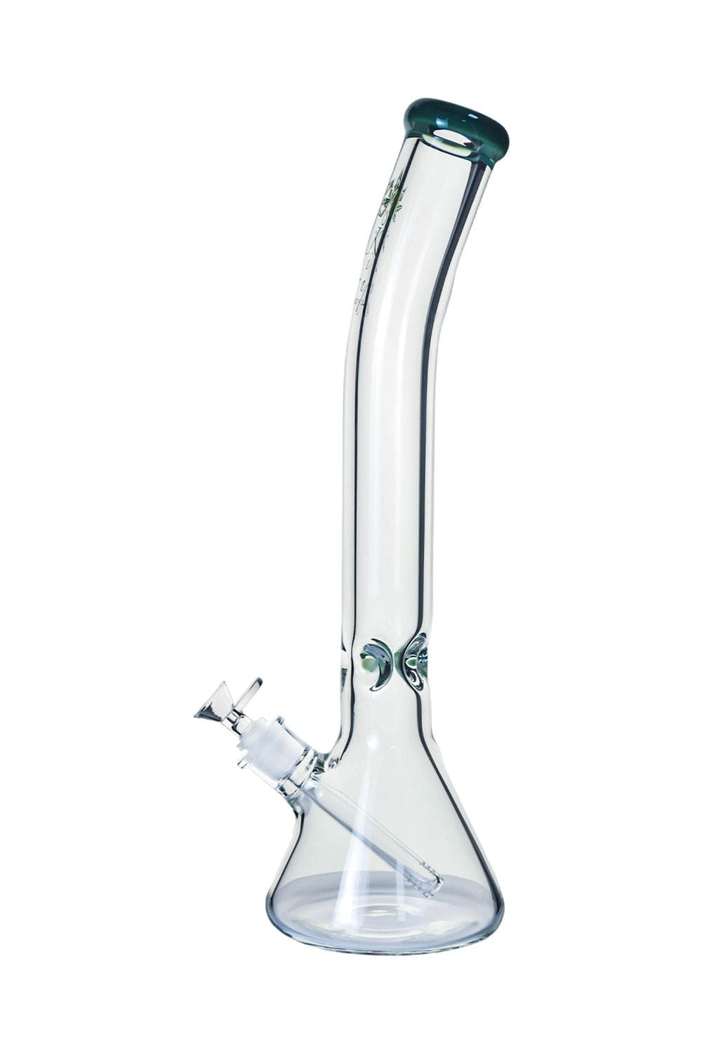 Profile view of the 9mm Bent Neck Beaker showing its clear glass beaker base and gently curved neck with a green-rimmed mouthpiece.