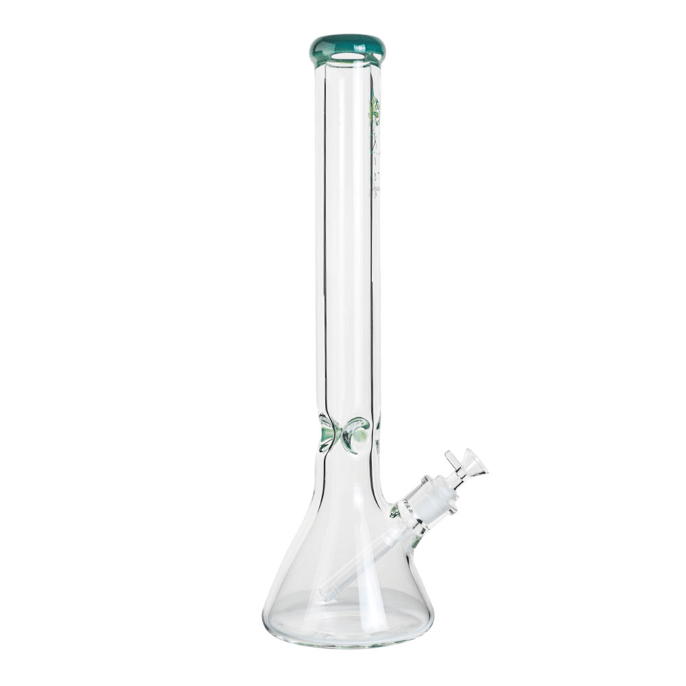 Straight-on studio view of The Kind Glass 9mm Straight Neck Beaker standing on a white background with a green-rimmed mouthpiece and angled downstem.