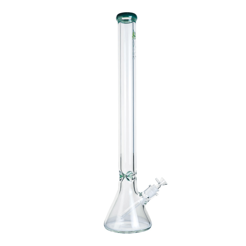 Tall frontal view of the clear The Kind Glass 9mm Straight Neck Beaker with a green-rimmed mouthpiece and angled downstem.
