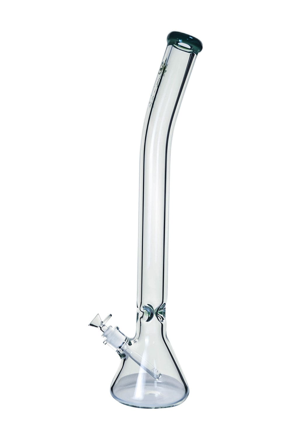 Tall three-quarter view of the clear The Kind Glass 9mm Bent Neck Beaker showing its curved neck, beaker base, and angled downstem.