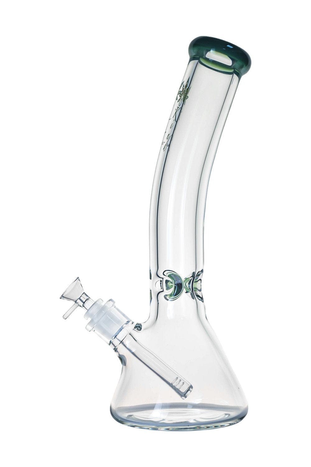 Angled studio shot of The Kind Glass 9mm Bent Neck Beaker showing its clear beaker base, slanted downstem, and curved neck with a dark green rim.
