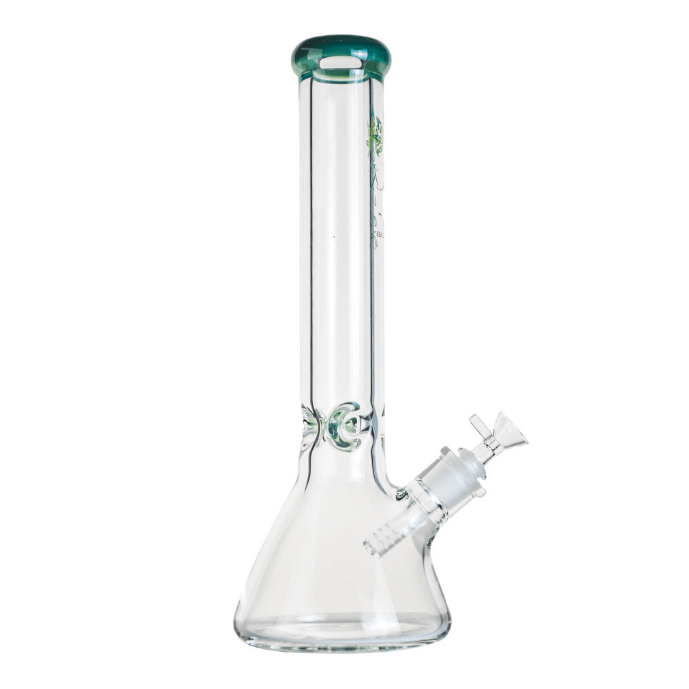 Straight-on view of a clear 9mm Straight Neck Beaker with a green-rimmed mouthpiece and angled downstem, 9mm Straight Neck Beaker.