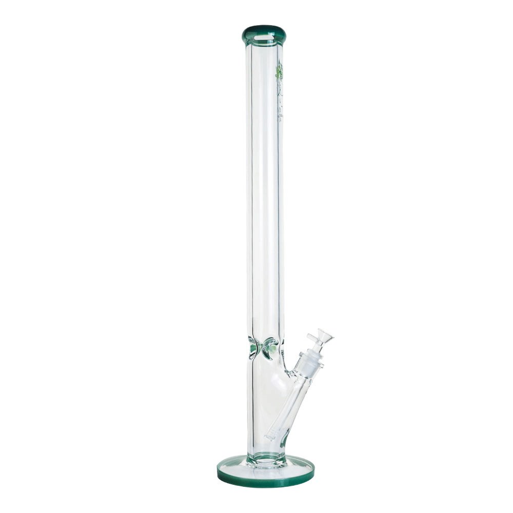Straight-on view of The Kind Glass 9mm Straight Neck Tube standing on a white background, showing its clear straight tube, green-rimmed base and mouthpiece, and angled downstem.