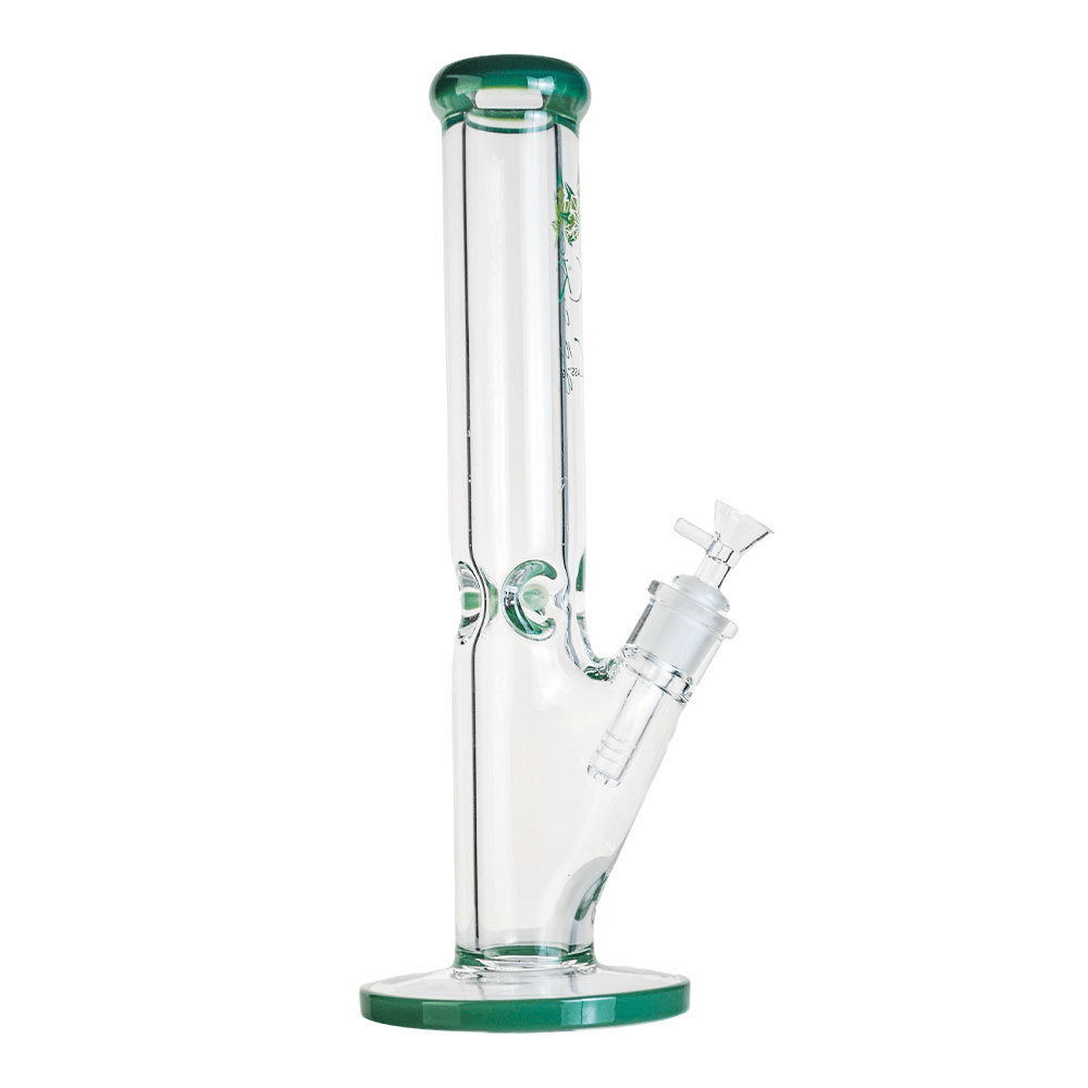 Side view of The Kind Glass 9mm Straight Neck Tube standing on a white background, clear glass with green-rimmed mouthpiece and base.