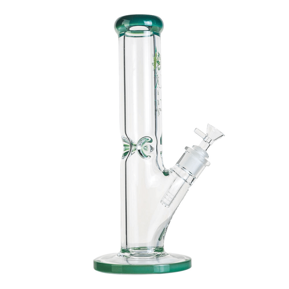 Straight-on view of The Kind Glass 9mm Straight Neck Tube standing on a white background with green-rimmed mouthpiece and base and a clear angled downstem.