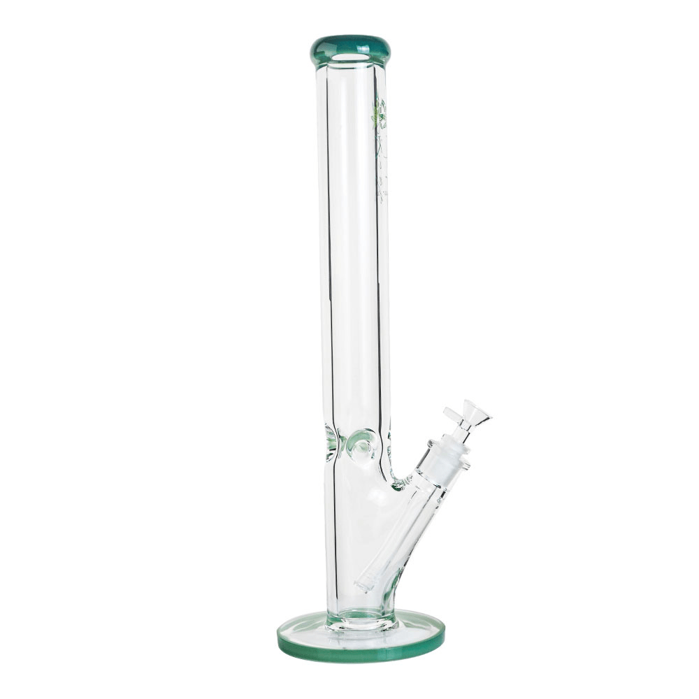 Straight-on view of The Kind Glass 9mm Straight Neck Tube standing upright on a white background, clear glass with green-rimmed mouthpiece and base.