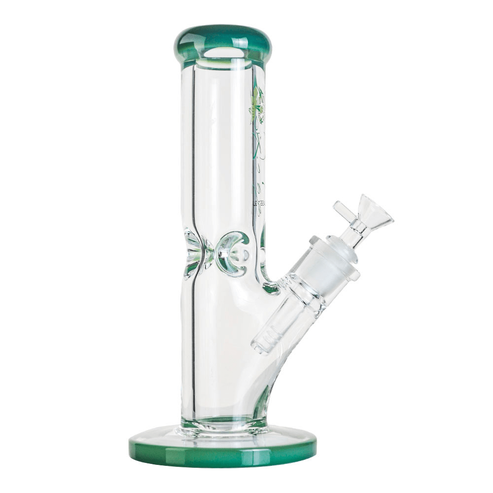 Center-framed, straight-on view of The Kind Glass 9mm Straight Neck Tube with green-rimmed mouthpiece and base on white.