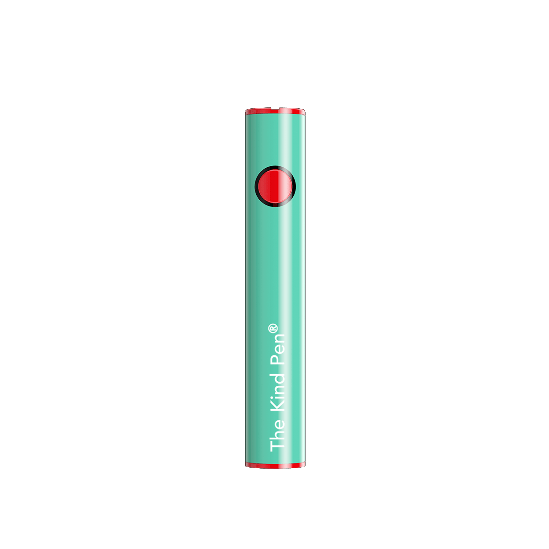 Centered front view of the pink and white Dual Charger Variable Voltage 510 Thread Battery standing upright against a plain green background, showing its circular power button and glossy cylindrical body.