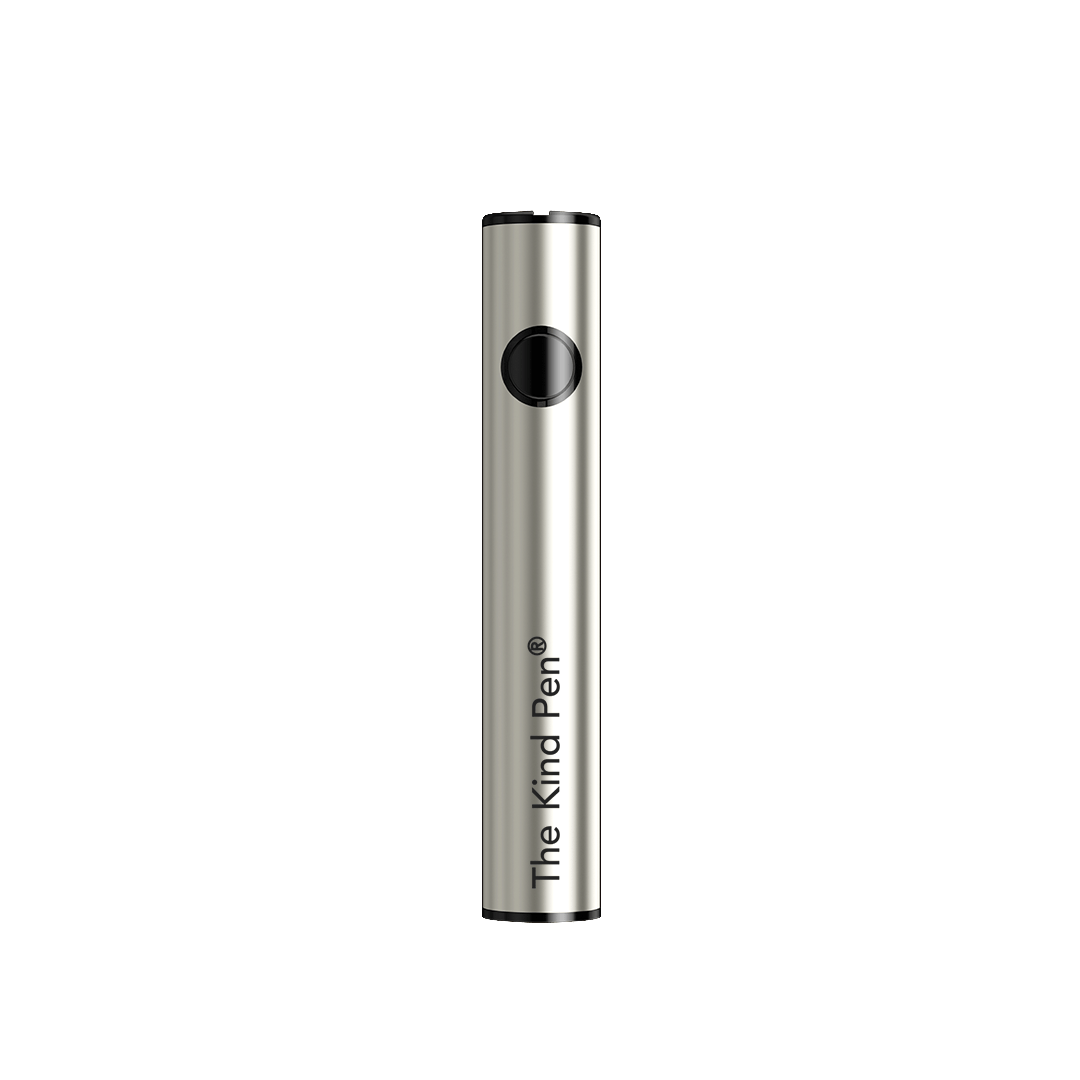 Centered front view of a silver and black Dual Charger Variable Voltage 510 Thread Battery standing vertically against a plain light background, showing its round power button and subtle brand text.