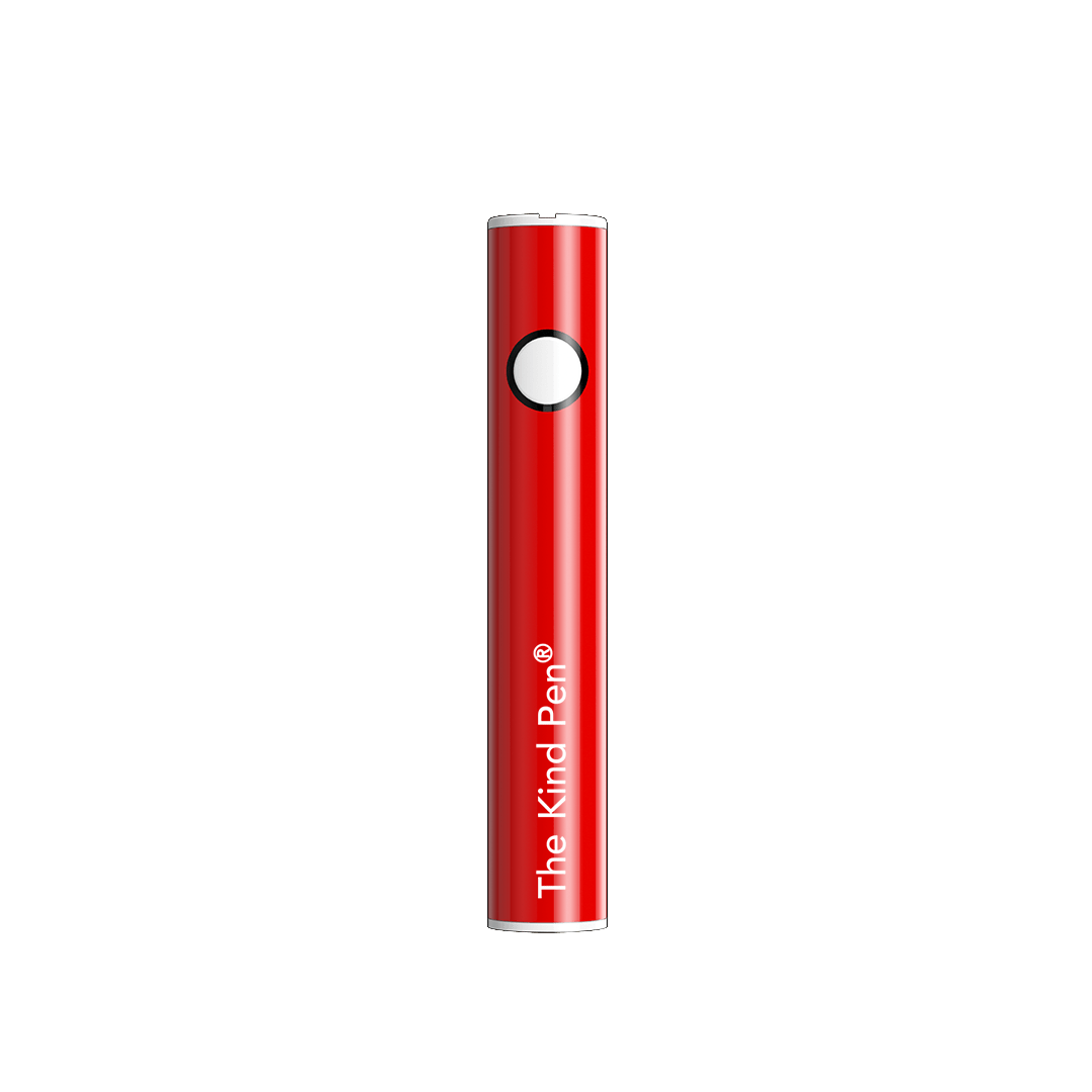 Centered front view of the red Dual Charger Variable Voltage 510 Thread Battery standing upright against a plain green background, showing its round power button and glossy finish.