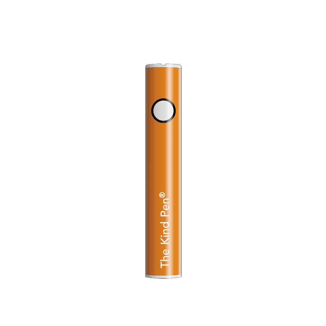 Centered, front-facing view of a glossy orange Dual Charger Variable Voltage 510 Thread Battery standing upright against a plain green background.