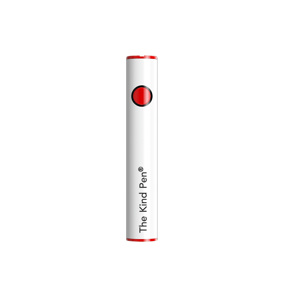 Straight-on view of the iridescent/black Dual Charger Variable Voltage 510 Thread Battery standing vertically with a red circular button and subtle shadow on a plain green background.