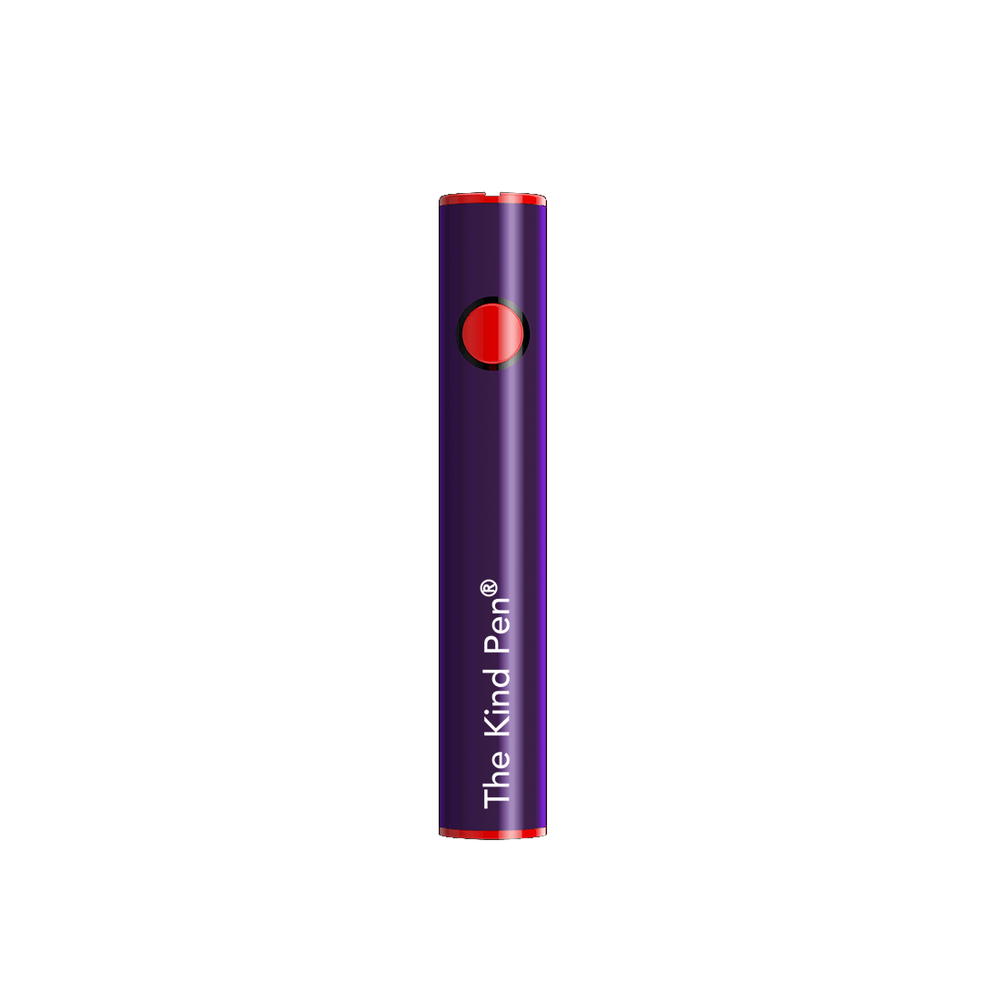 Centered vertical view of the teal/red Dual Charger Variable Voltage 510 Thread Battery showing its purple cylindrical body with a red circular button and red-accented ends.