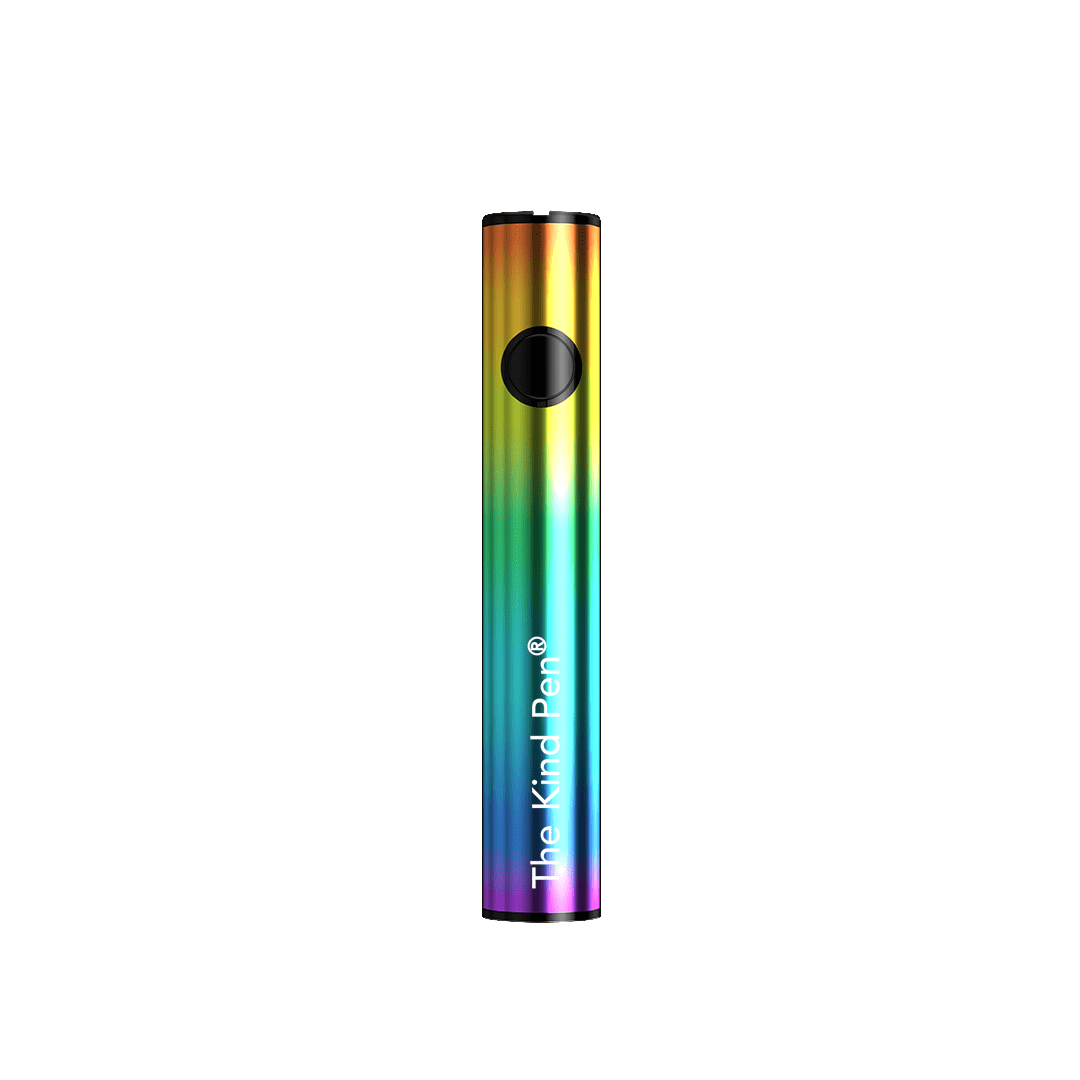 Centered front view of the Dual Charger Variable Voltage 510 Thread Battery showing a glossy rose gold-to-teal gradient cylinder with a black circular button and small white "The Kind Pen" logo.