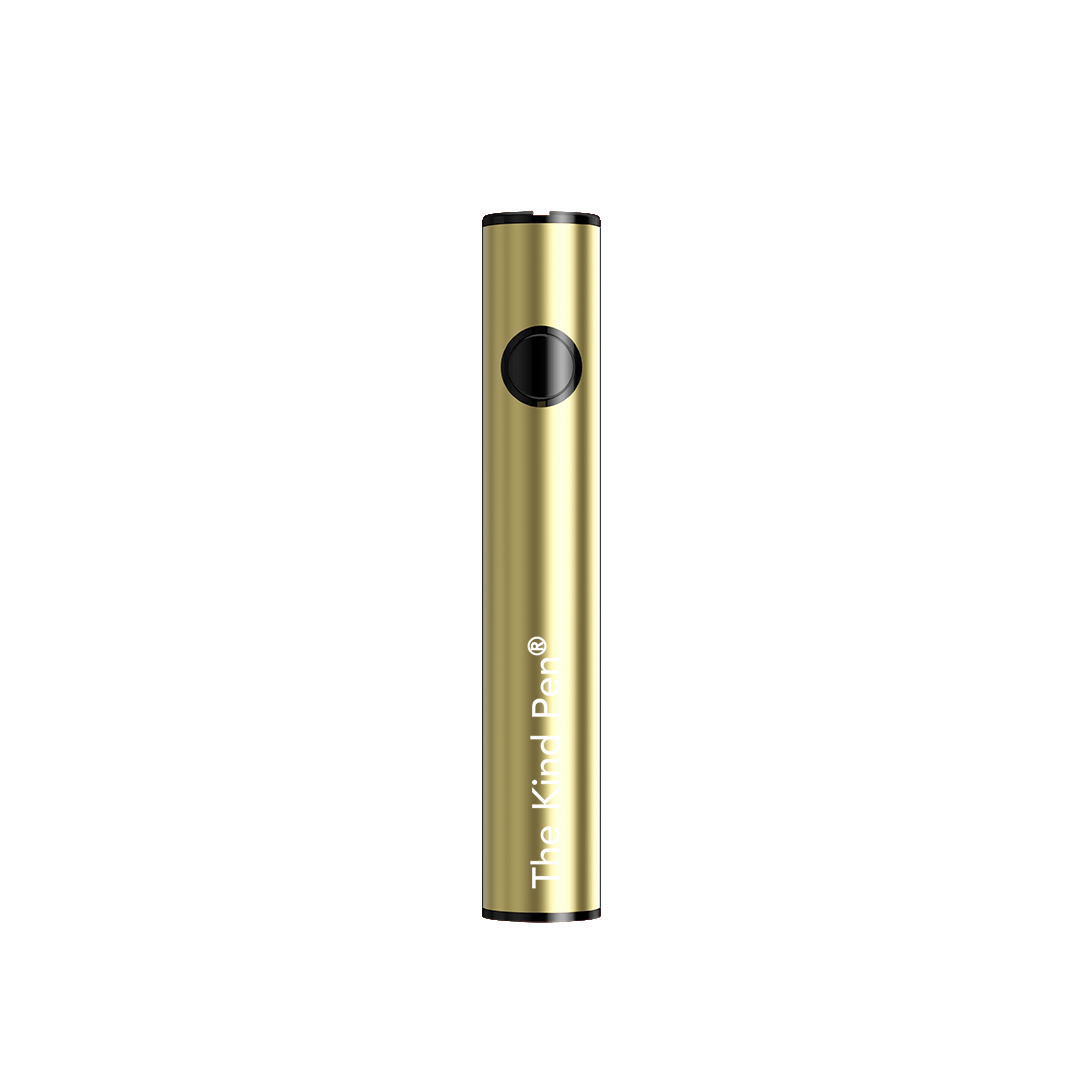 Centered front view of a gold cylindrical Dual Charger Variable Voltage 510 Thread Battery with a black circular button and subtle logo visible near the base