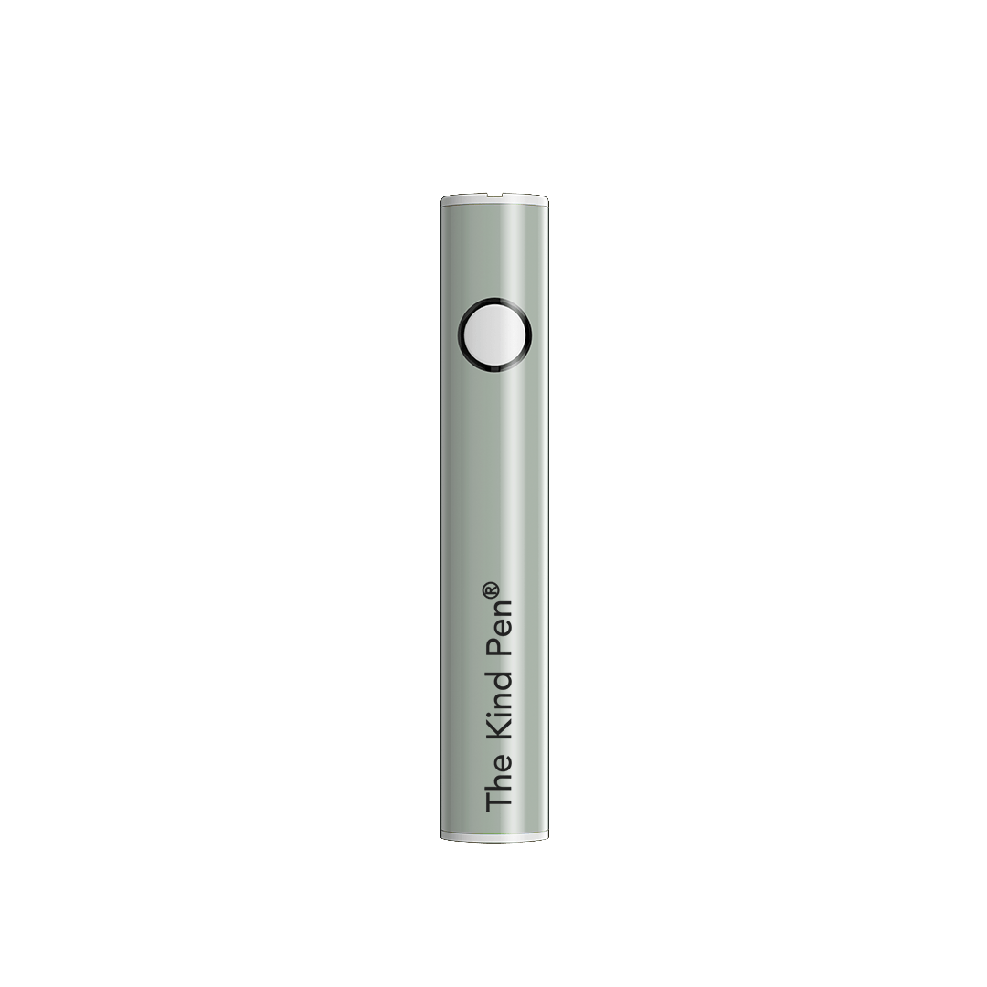Centered front view of the gray Dual Charger Variable Voltage 510 Thread Battery standing upright against a plain background, showing its circular power button and vertical "The Kind Pen" logo.