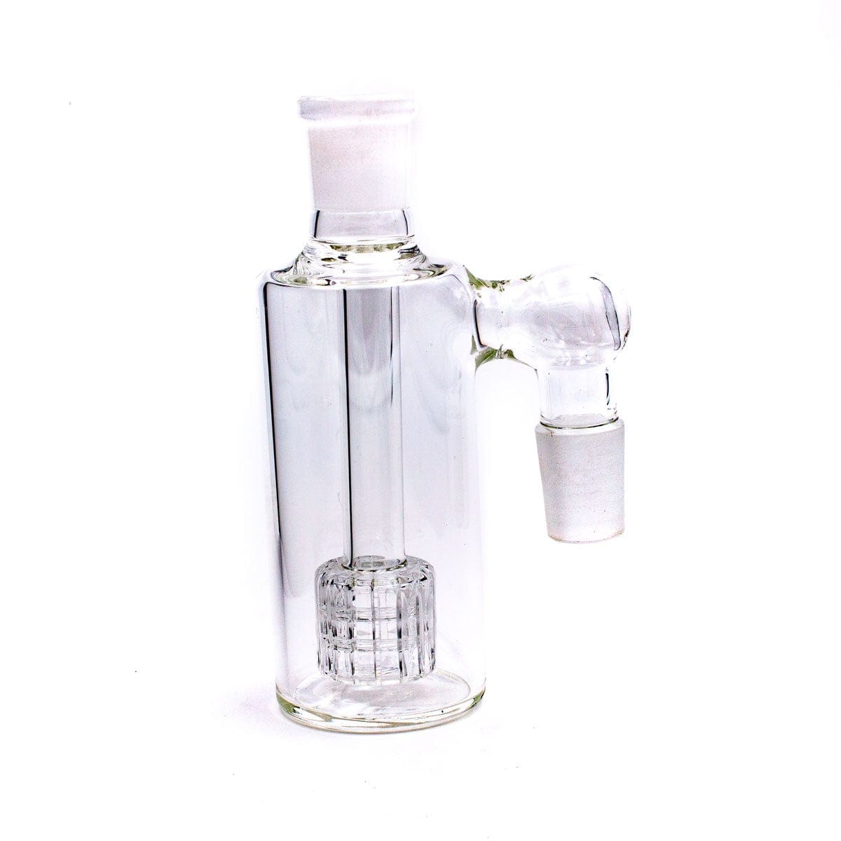 Front view of the Matrix Ash Catcher, a clear glass piece with a cylindrical body and multiple diffusion holes visible inside.