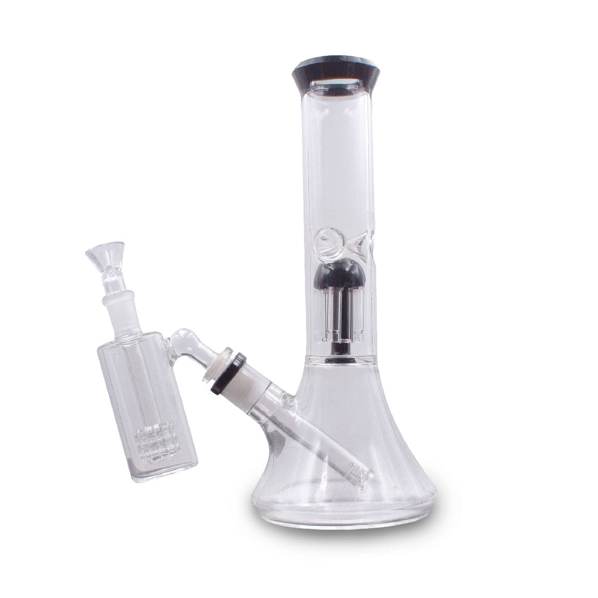 A slightly angled view of the Matrix Ash Catcher, showcasing its clear glass construction and rounded shape.