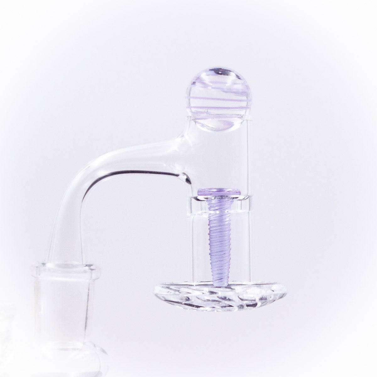 A close-up, angled view of the Glass Terp Screw and Marble Slurper Cap Set, showcasing its clear glass construction and unique design.