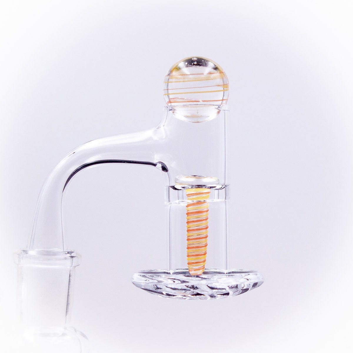 A close-up shot of the Glass Terp Screw and Marble Slurper Cap Set, showcasing the clear glass screw and marbled cap arrangement.