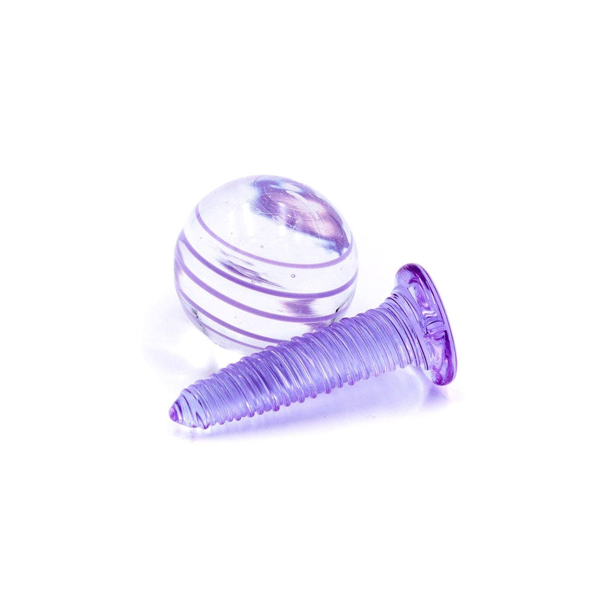 A close-up, angled view of the Glass Terp Screw and Marble Slurper Cap Set, showcasing its clear glass construction.
