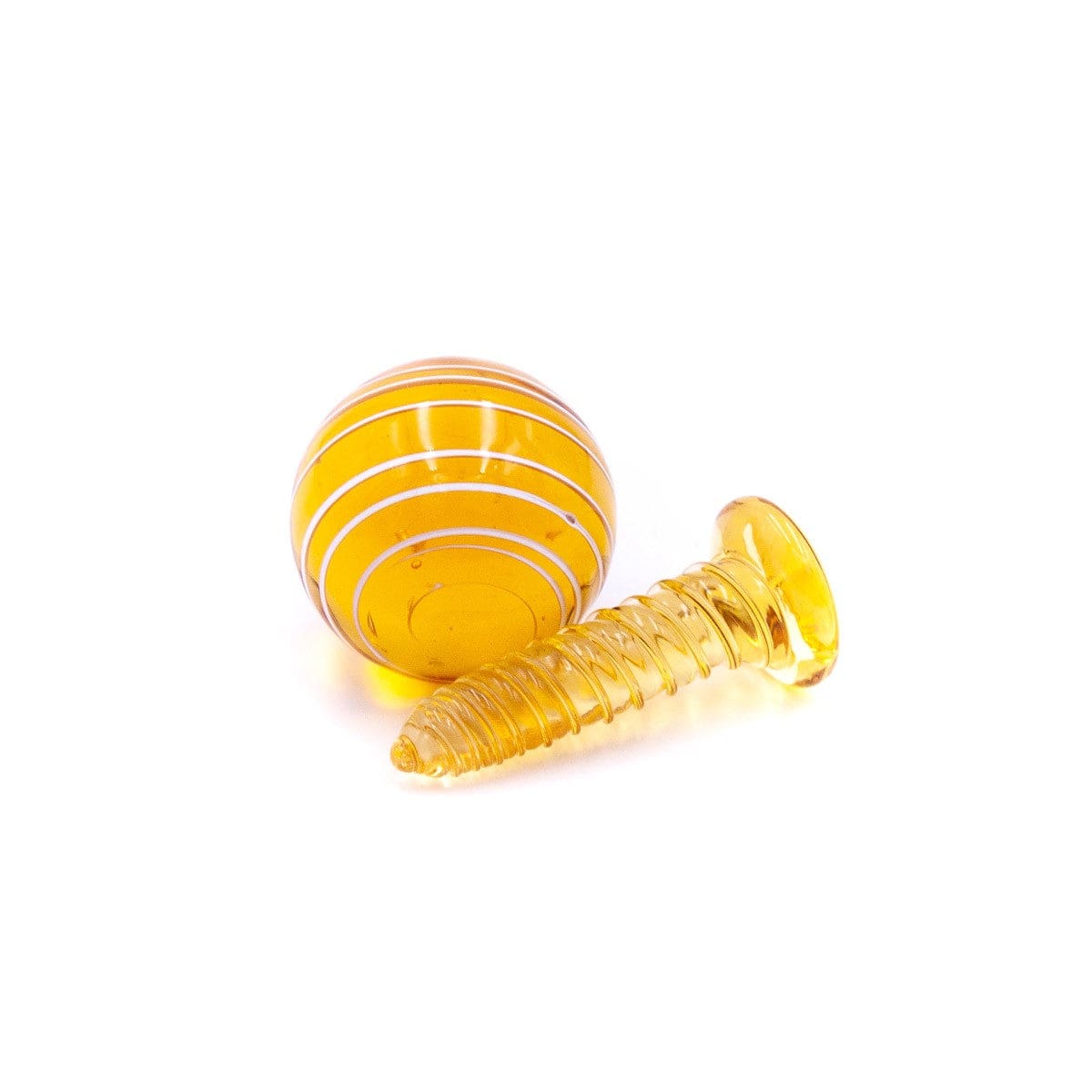 A close-up, angled view of the Glass Terp Screw and Marble Slurper Cap Set, showcasing the transparent glass construction.