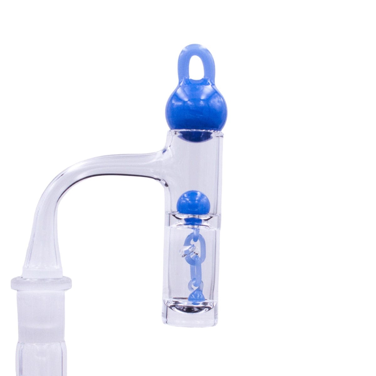 A close-up shot of the Two Piece Terp Chain Slurper Set, showcasing its clear glass construction and unique two-piece design.