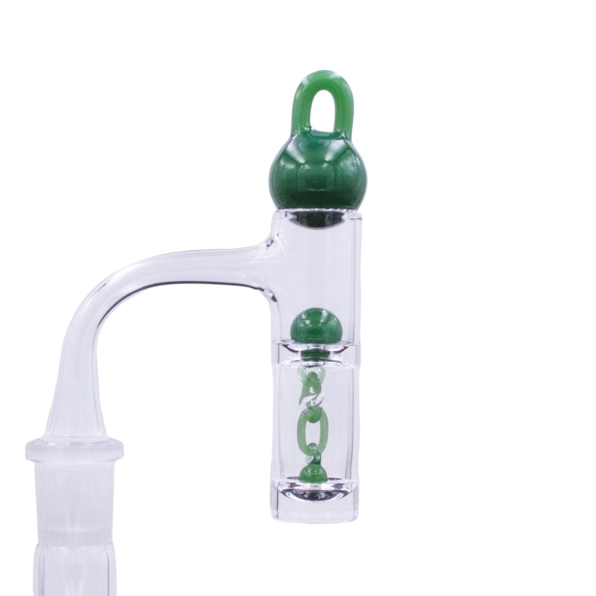 Close-up view of the Two Piece Terp Chain Slurper Set, showing its clear glass construction and unique, connected design.