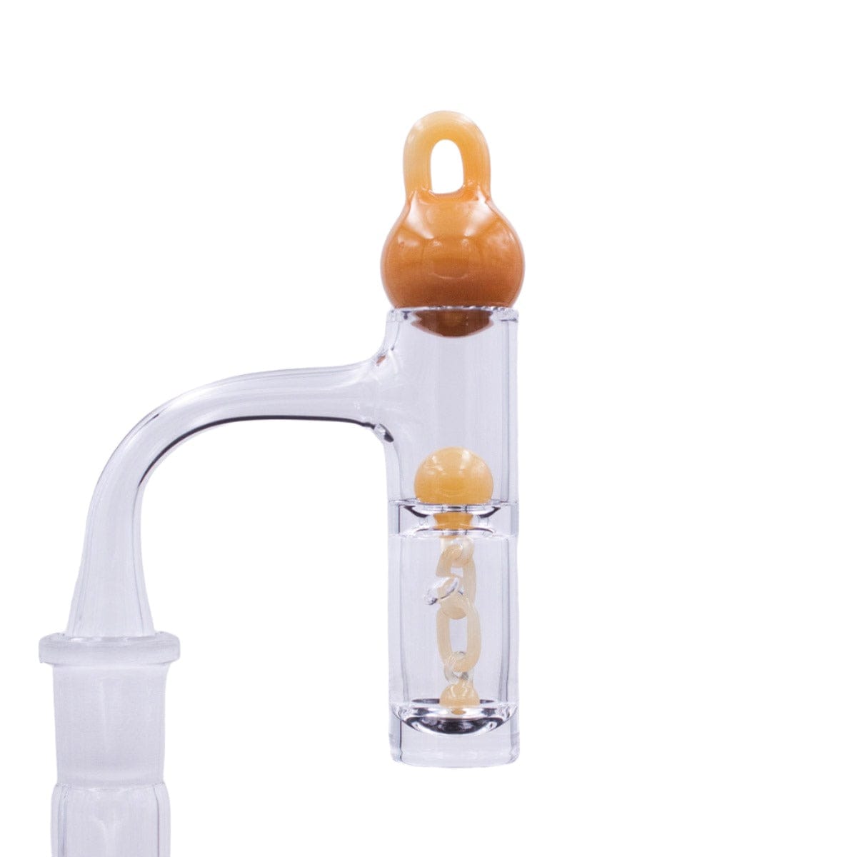 A close-up, angled view of the Two Piece Terp Chain Slurper Set, showcasing the clear glass construction and internal details.
