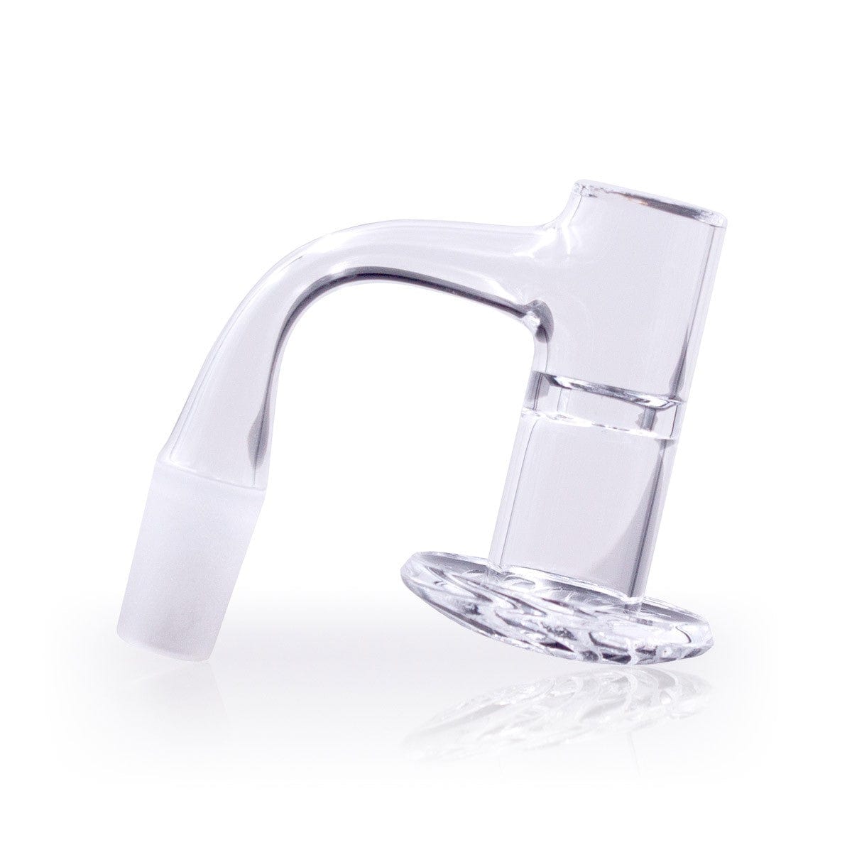 A close-up, angled view of the Full Weld Straight Blender Slurper Quartz Banger, showcasing its clear quartz construction.