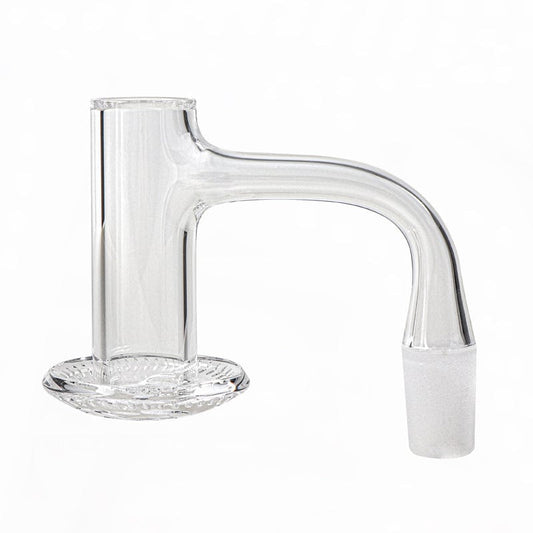 A close-up, angled view of the XL Blender Full Weld Quartz Banger, showing its clear quartz construction and full weld joint.