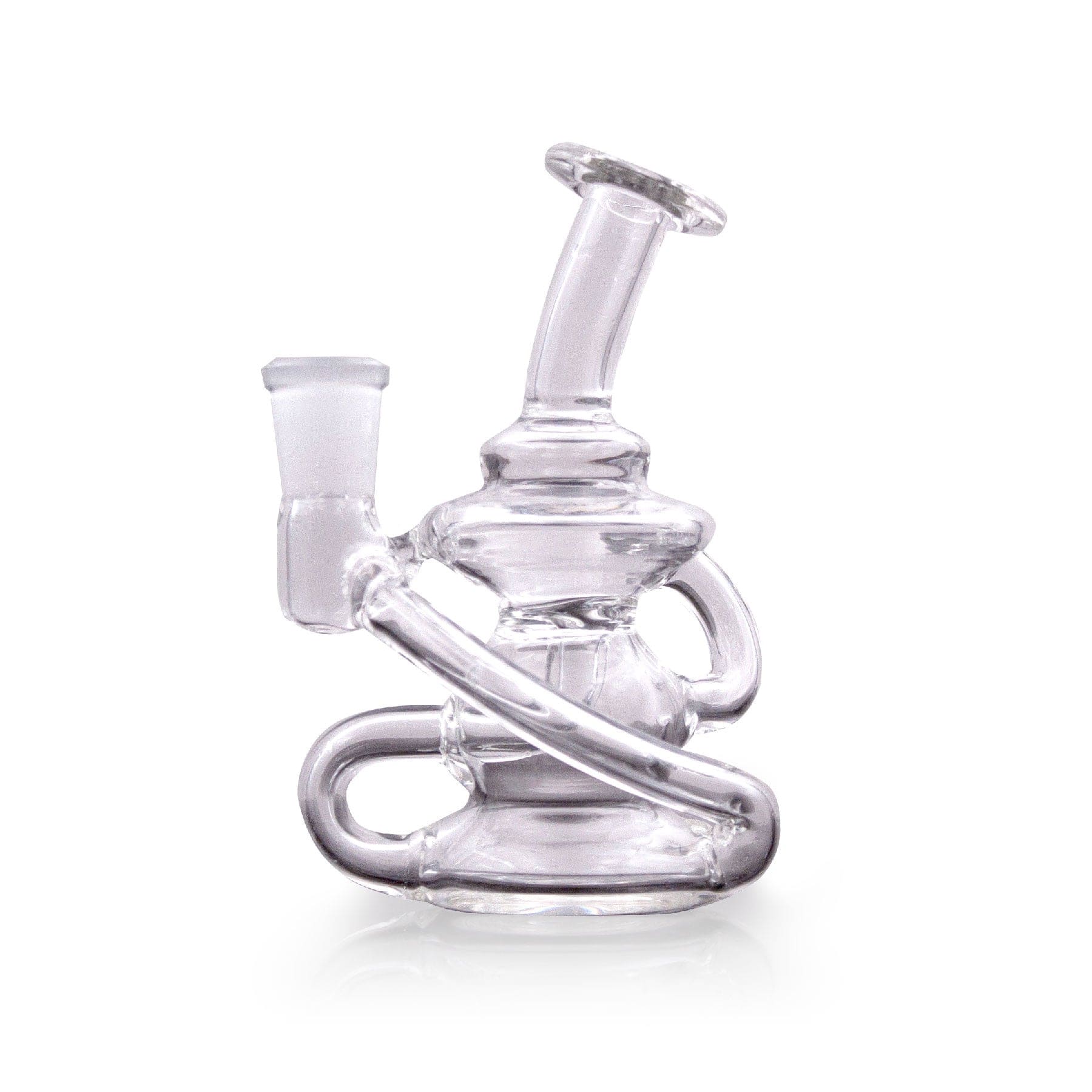 A three-quarter view of the 4" Klein Recycler Mini Rig, showcasing its clear glass construction and intricate recycler design against a white backdrop.