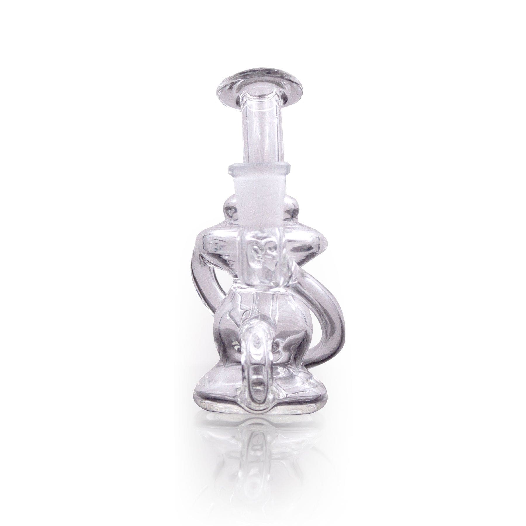 A three-quarter view of the 4" Klein Recycler Mini Rig, showcasing its clear glass construction and intricate recycler design.