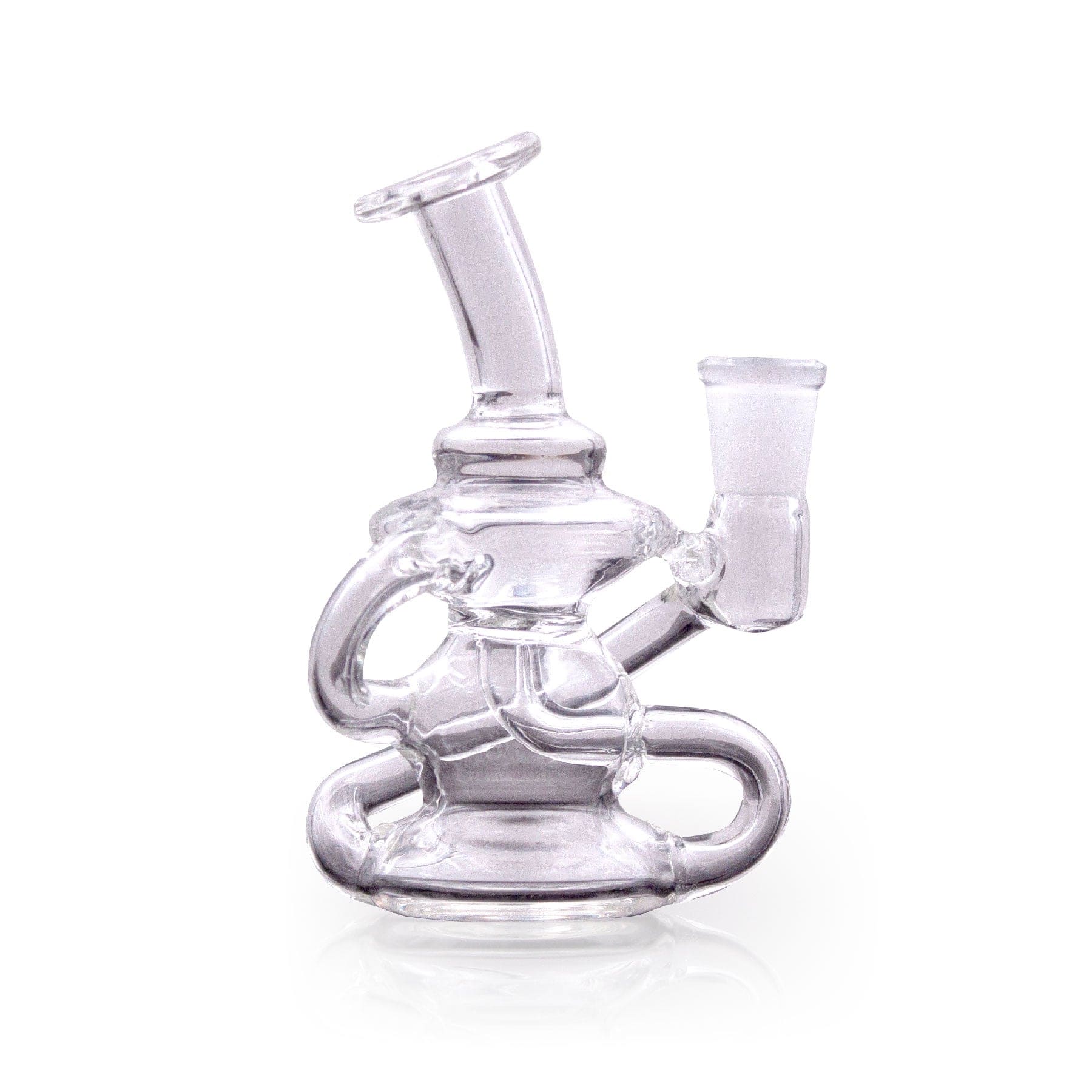 A three-quarter view of the 4" Klein Recycler Mini Rig, showing the clear glass recycler with a compact design.